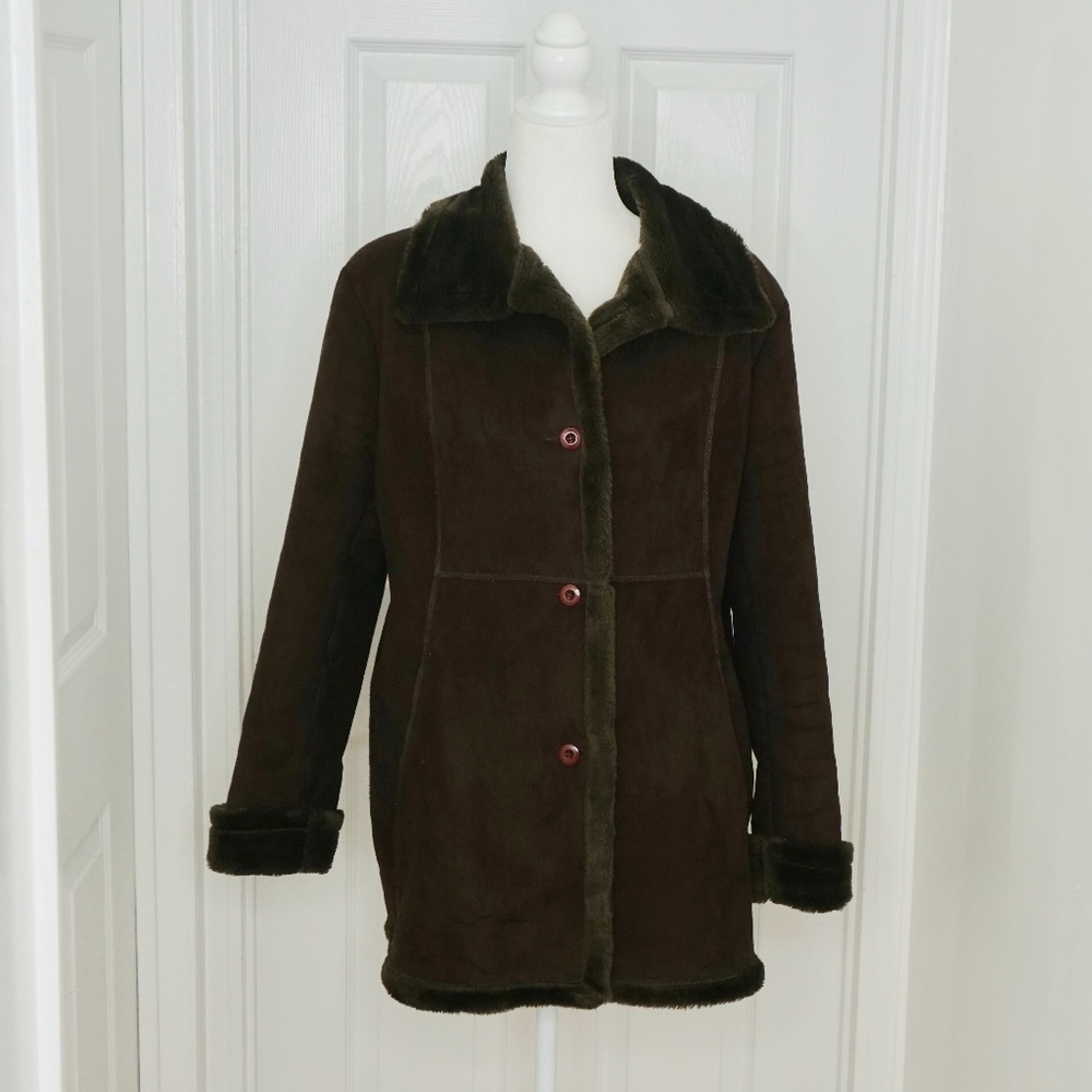 ๐ VINTAGE MURANO Brown Faux Suede/Fur Jacket (L) - Picture 3 of 8